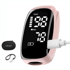 FVYMZKA vista frontal del oxímetro rosa con pantalla clara para lectura rápida