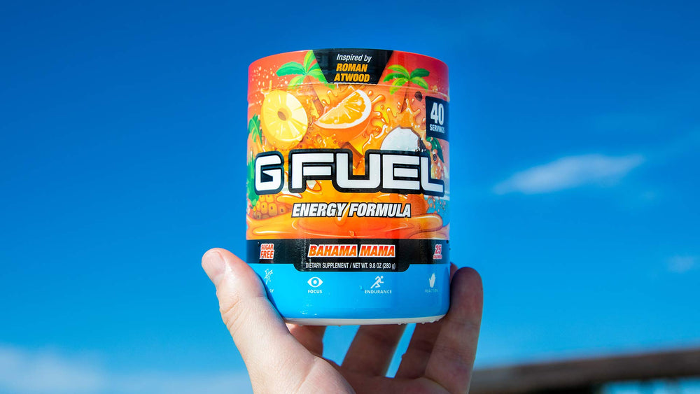 G Fuel Bahama Mama bebida preparada en vaso, refresco y enfoque