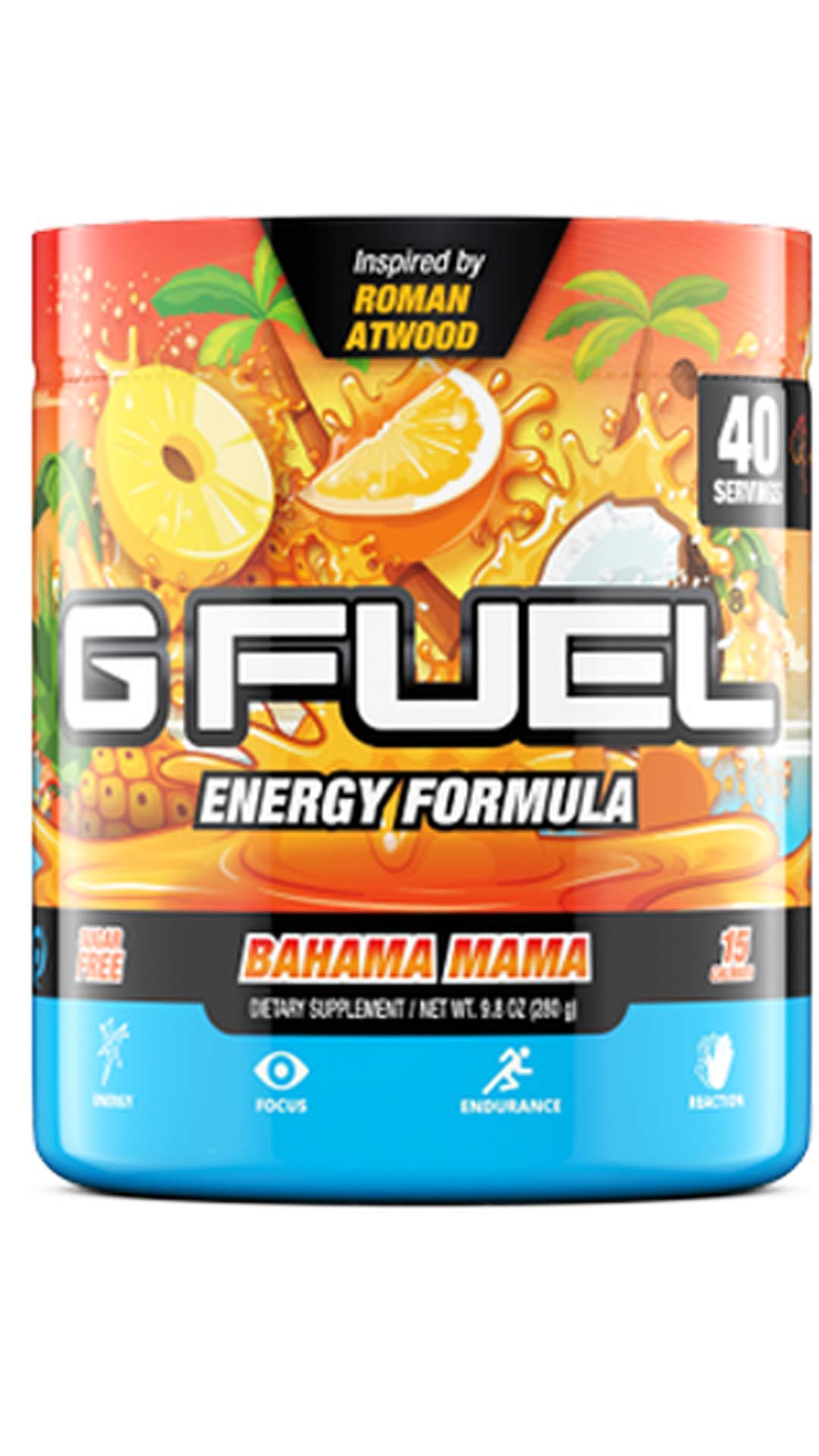 G Fuel envase Bahama Mama al frente mostrando la etiqueta y beneficios