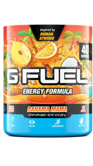 G Fuel envase Bahama Mama al frente mostrando la etiqueta y beneficios