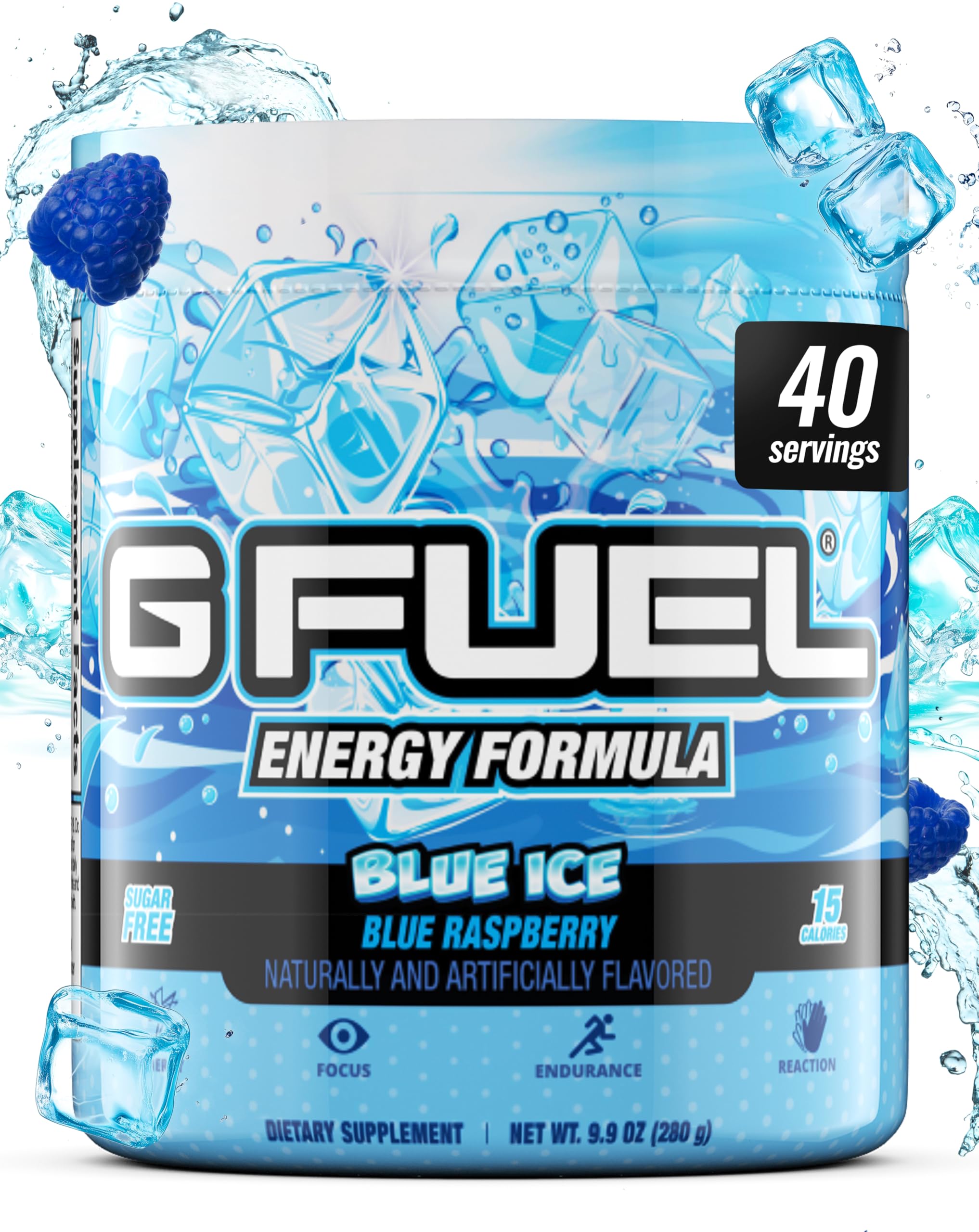 G Fuel bote frontal mostrando sabor blue raspberry y energía instantánea