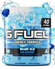 G Fuel bote frontal mostrando sabor blue raspberry y energía instantánea