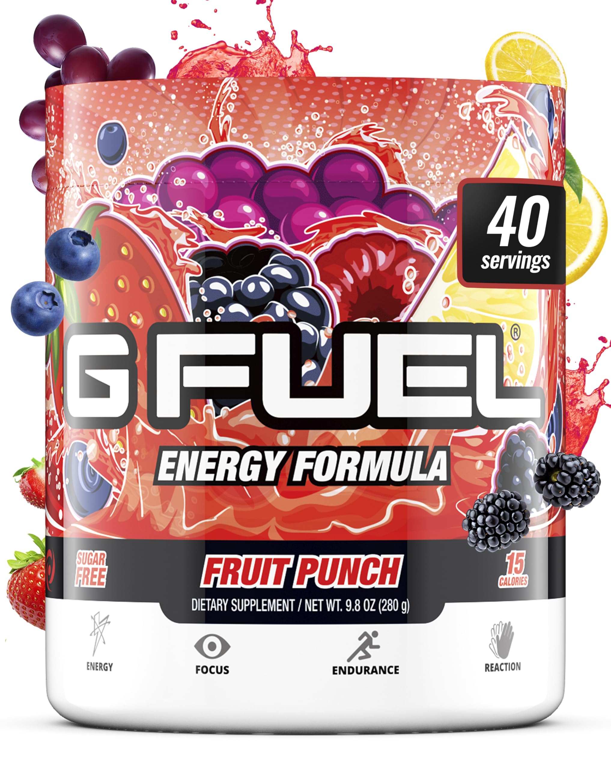 G Fuel Fruit Punch frasco frontal mostrando diseño y porciones