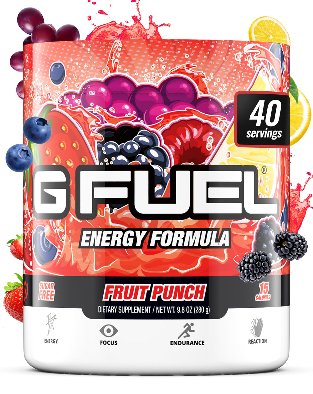 G Fuel Fruit Punch frasco frontal mostrando diseño y porciones