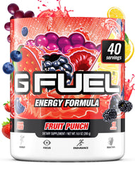 G Fuel Fruit Punch frasco frontal mostrando diseño y porciones