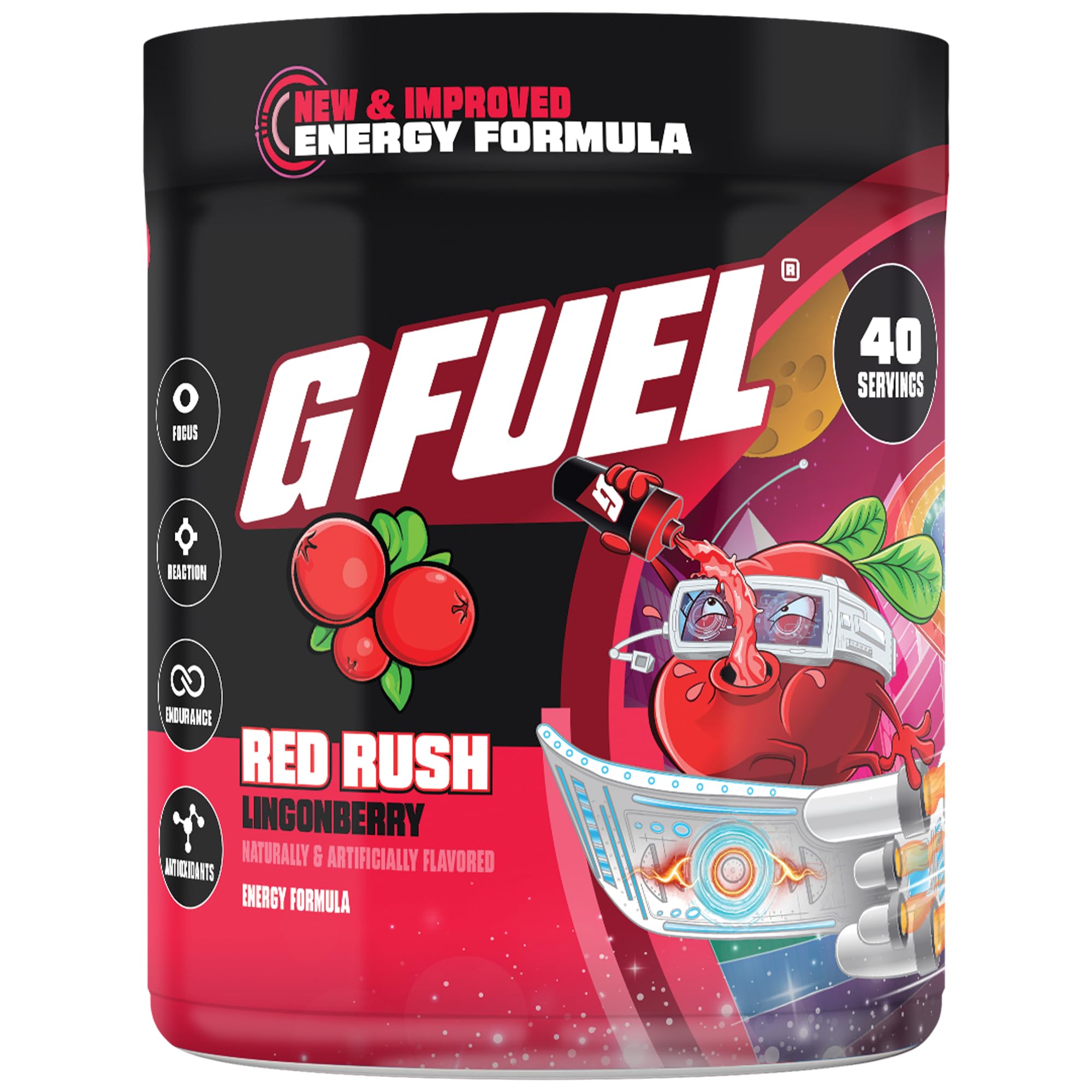 G Fuel frasco Red Rush frente mostrando diseño y beneficio energético