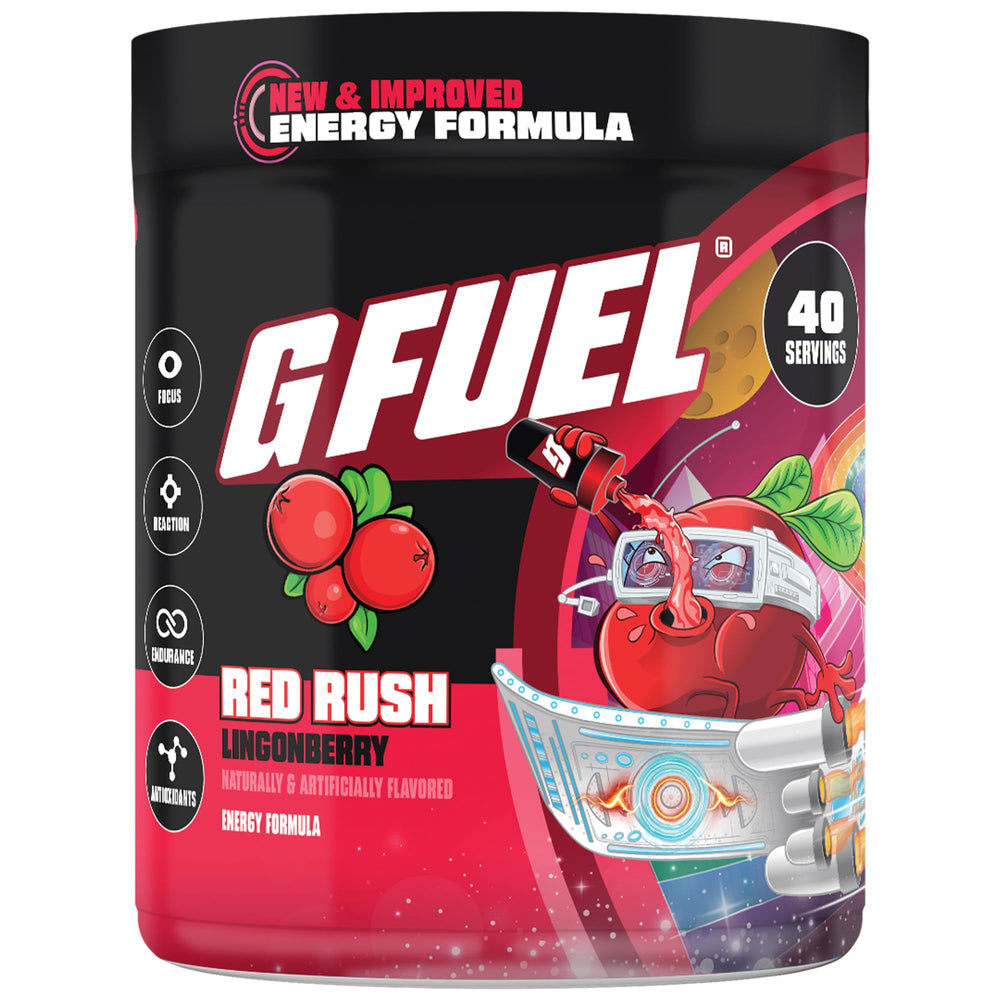 G Fuel frasco Red Rush frente mostrando diseño y beneficio energético