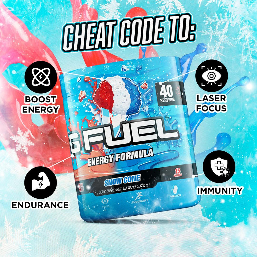 Vaso con G Fuel Snow Cone y hielo ilustrando bebida refrescante y enfoque instantáneo
