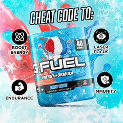 Vaso con G Fuel Snow Cone y hielo ilustrando bebida refrescante y enfoque instantáneo