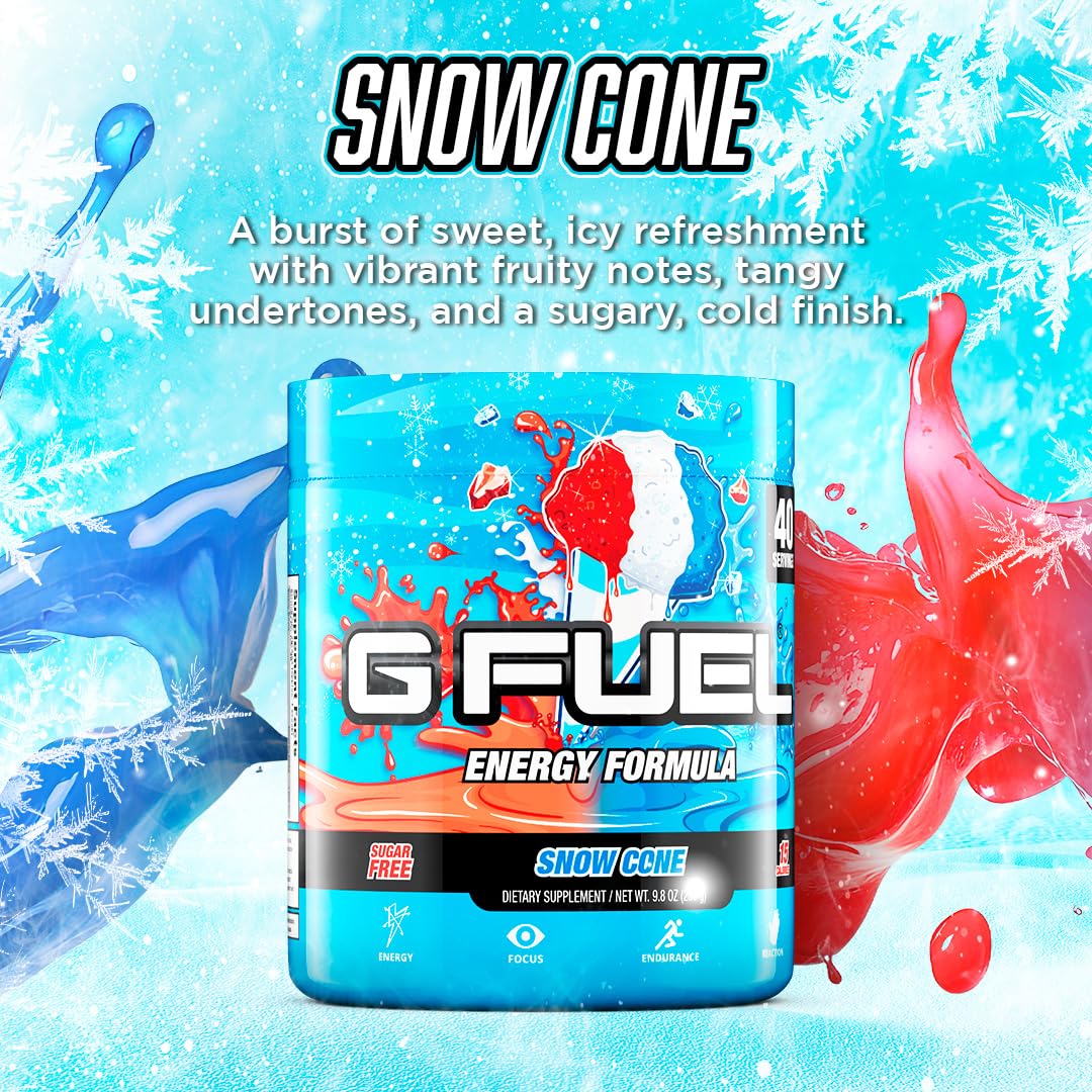 Detalle de la etiqueta de G Fuel Snow Cone con lista de vitaminas y antioxidantes visibles