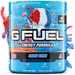 G Fuel Snow Cone envase frontal mostrando el tamaño y diseño del producto para gaming