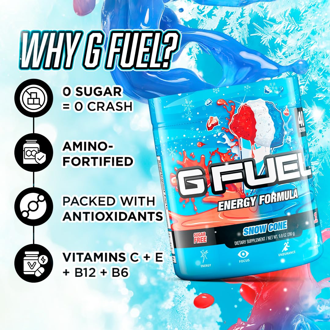 Cucharilla medidora con polvo G Fuel Snow Cone indicando porciones controladas y conveniencia