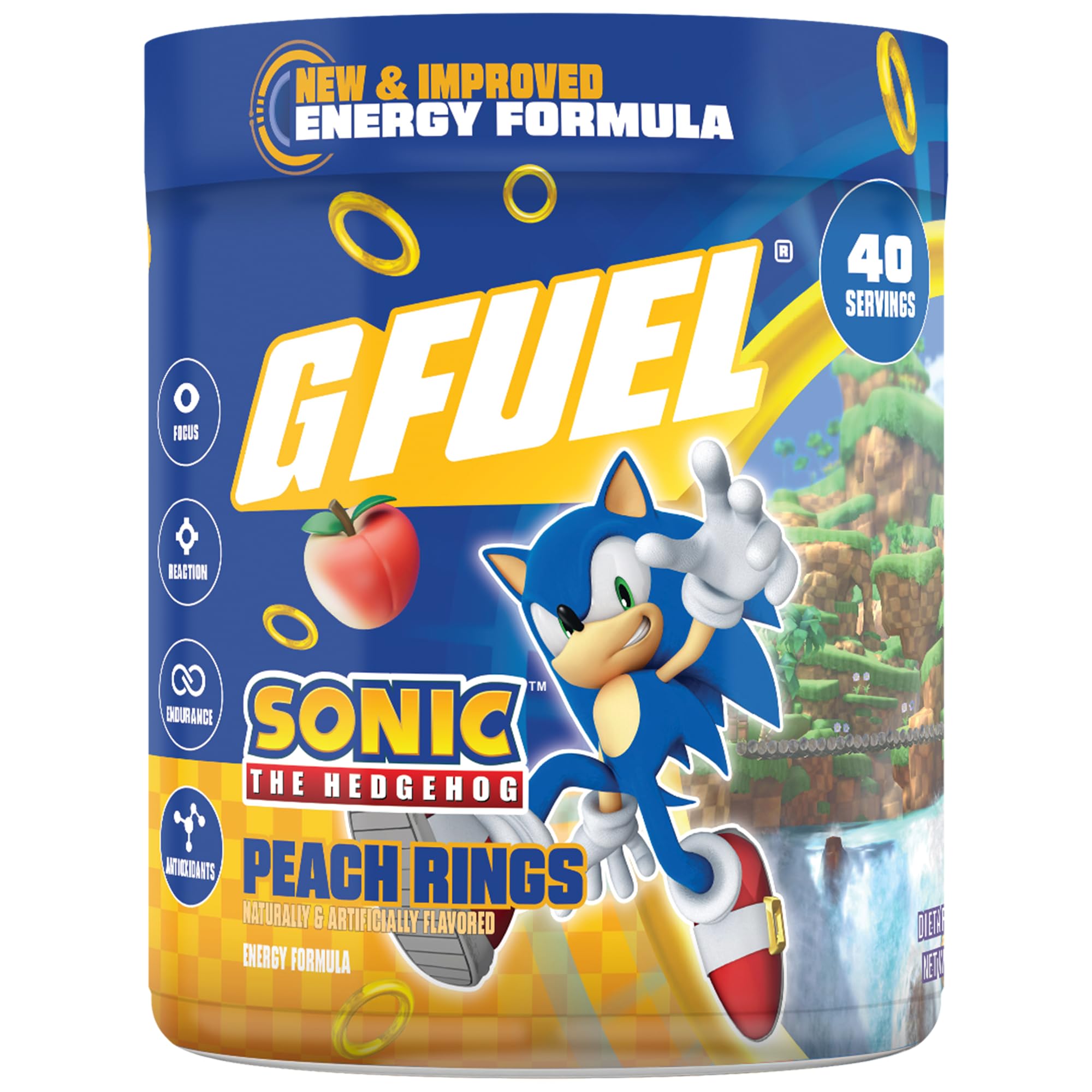 G Fuel envase frontal Peach Ring Candy mostrando diseño y tamaño, conveniencia inmediata