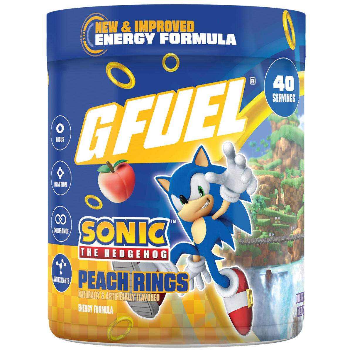 G Fuel envase frontal Peach Ring Candy mostrando diseño y tamaño, conveniencia inmediata