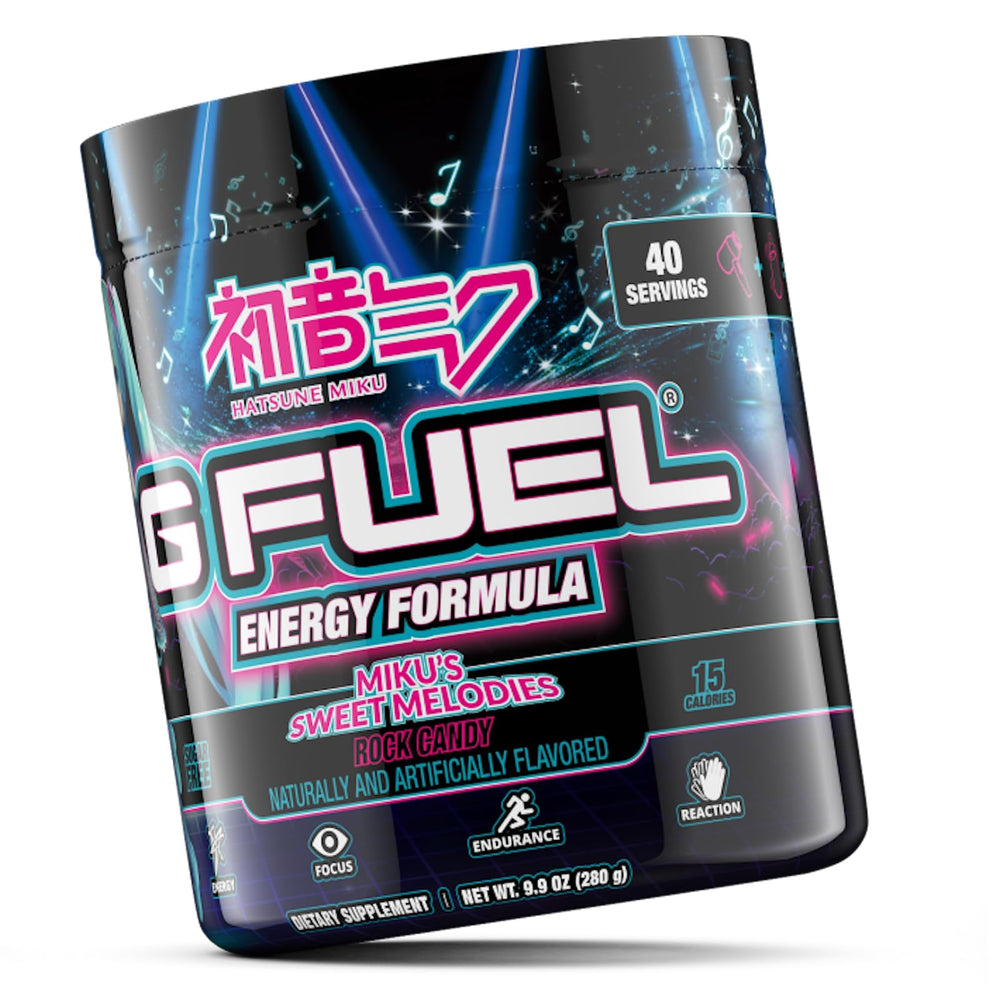 G Fuel Sweet Melodies comparación de tamaño del envase mostrando 40 servicios