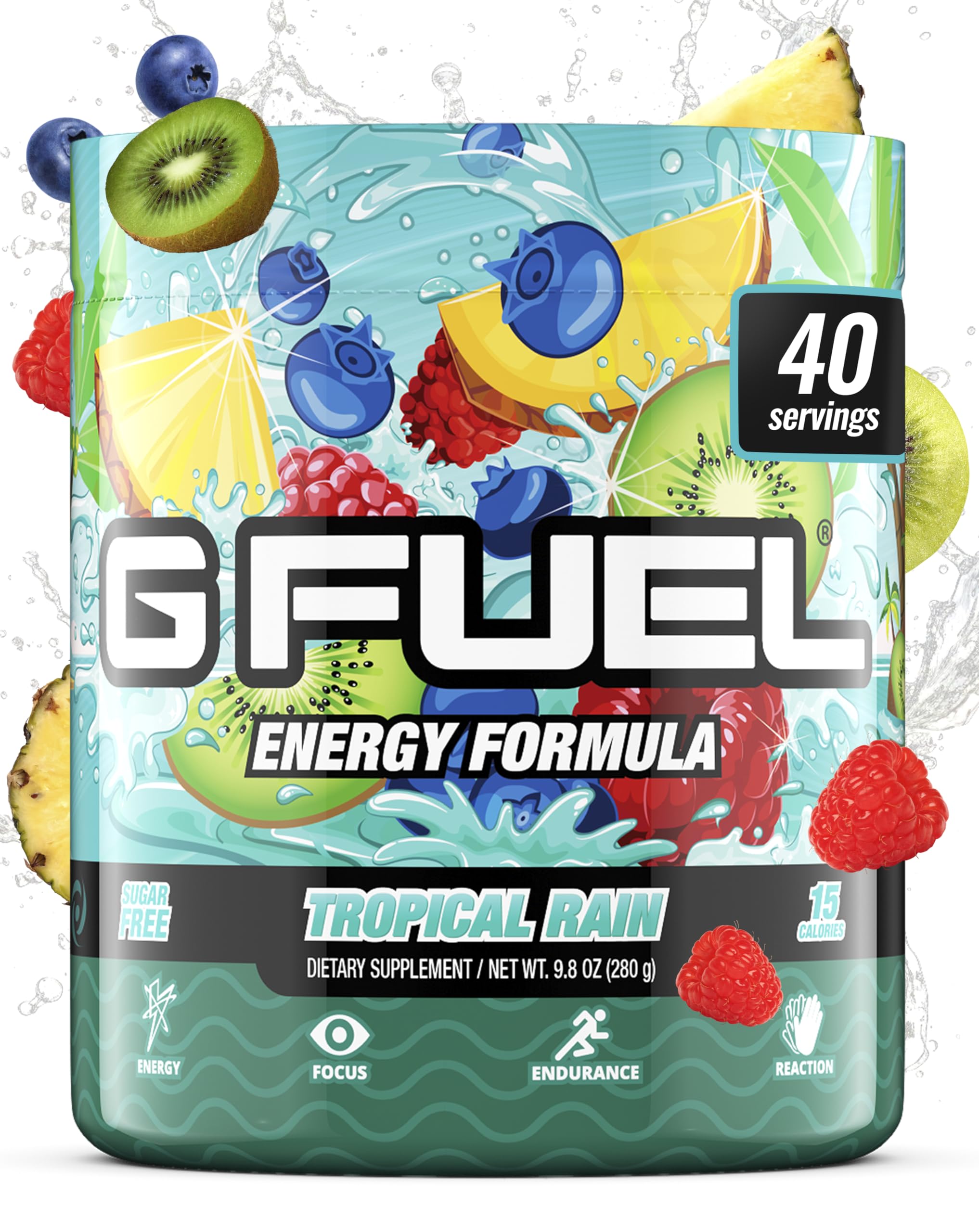G Fuel tropical rain envase frontal mostrando etiqueta clara y diseño
