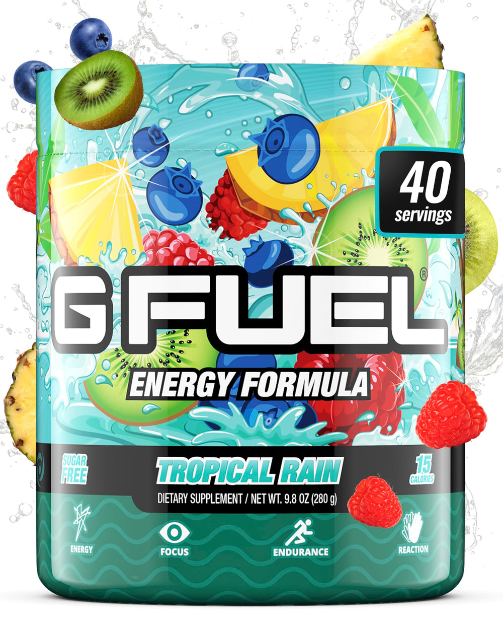 G Fuel tropical rain envase frontal mostrando etiqueta clara y diseño