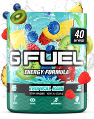 G Fuel tropical rain envase frontal mostrando etiqueta clara y diseño
