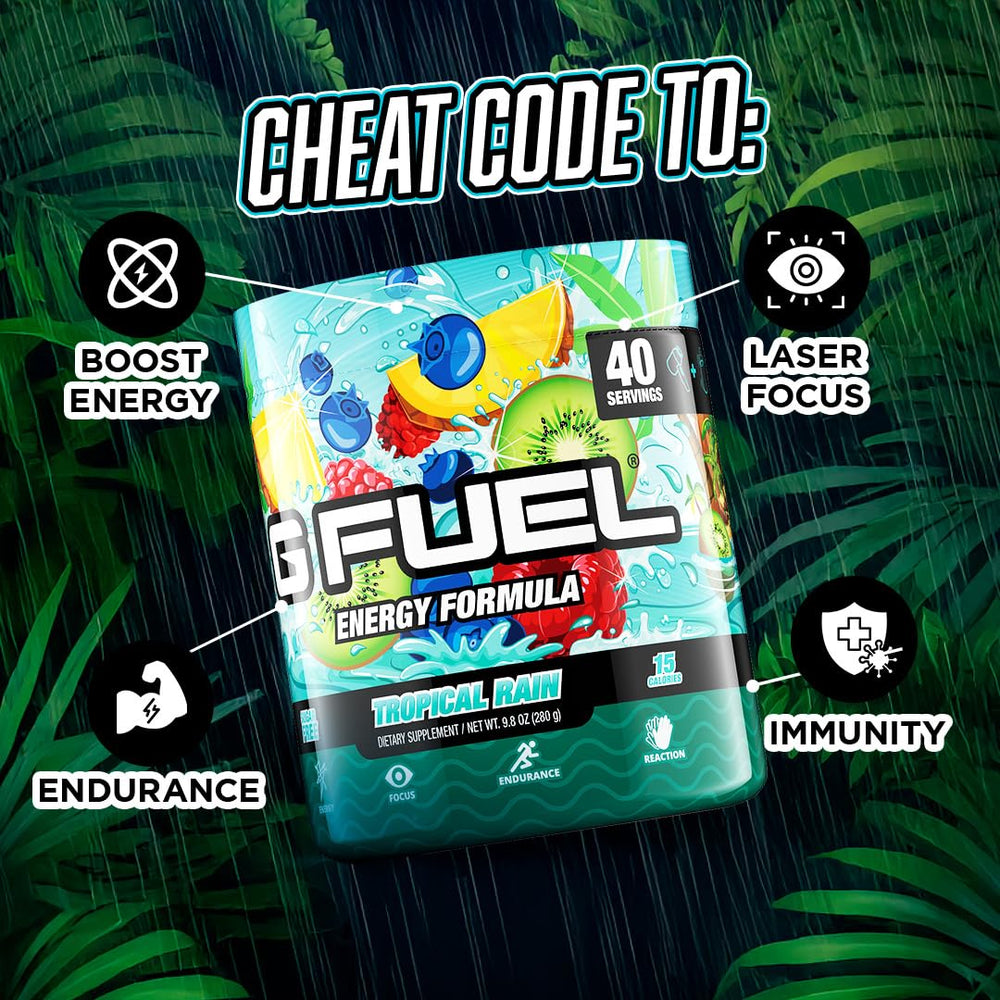 G Fuel tropical rain polvo en cuchara muestra textura fina y mezcla rápida