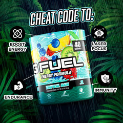 G Fuel tropical rain polvo en cuchara muestra textura fina y mezcla rápida