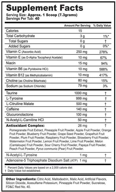 G Fuel etiqueta con lista de ingredientes, vitaminas y antioxidantes claros