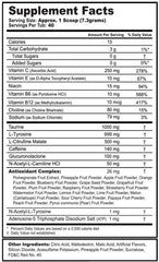 G Fuel etiqueta con lista de ingredientes, vitaminas y antioxidantes claros