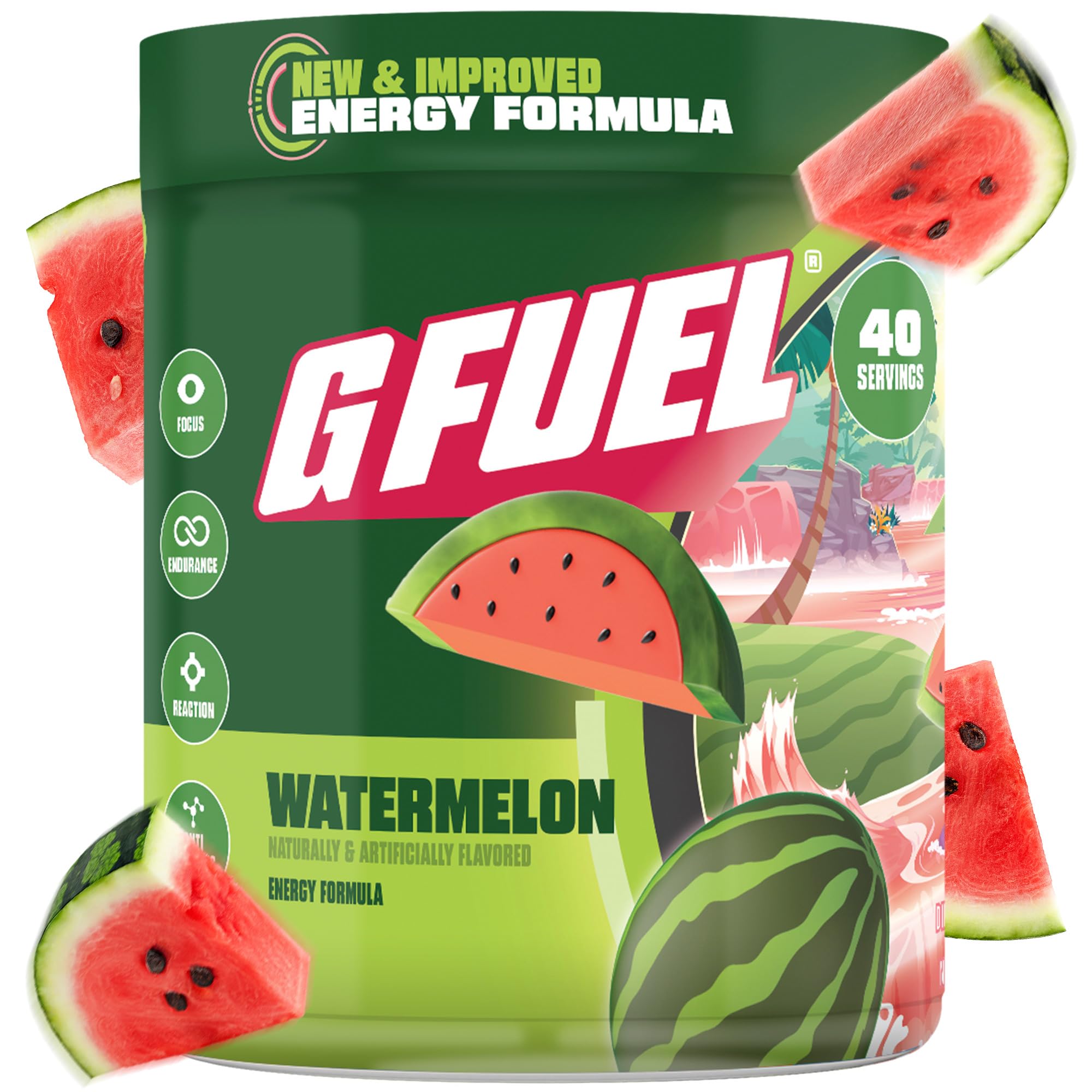 G Fuel frontal del envase mostrando 40 servicios y sabor sandía