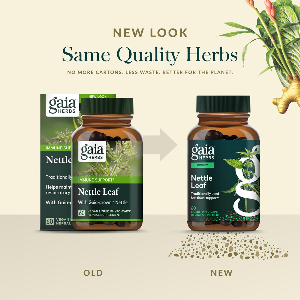 Gaia Herbs mano sosteniendo frasco con 60 cápsulas para referencia de porción