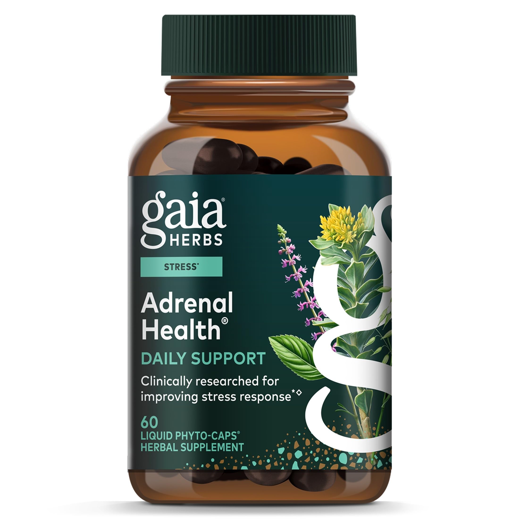 Gaia Herbs frasco frontal mostrando fórmula para energía y estrés
