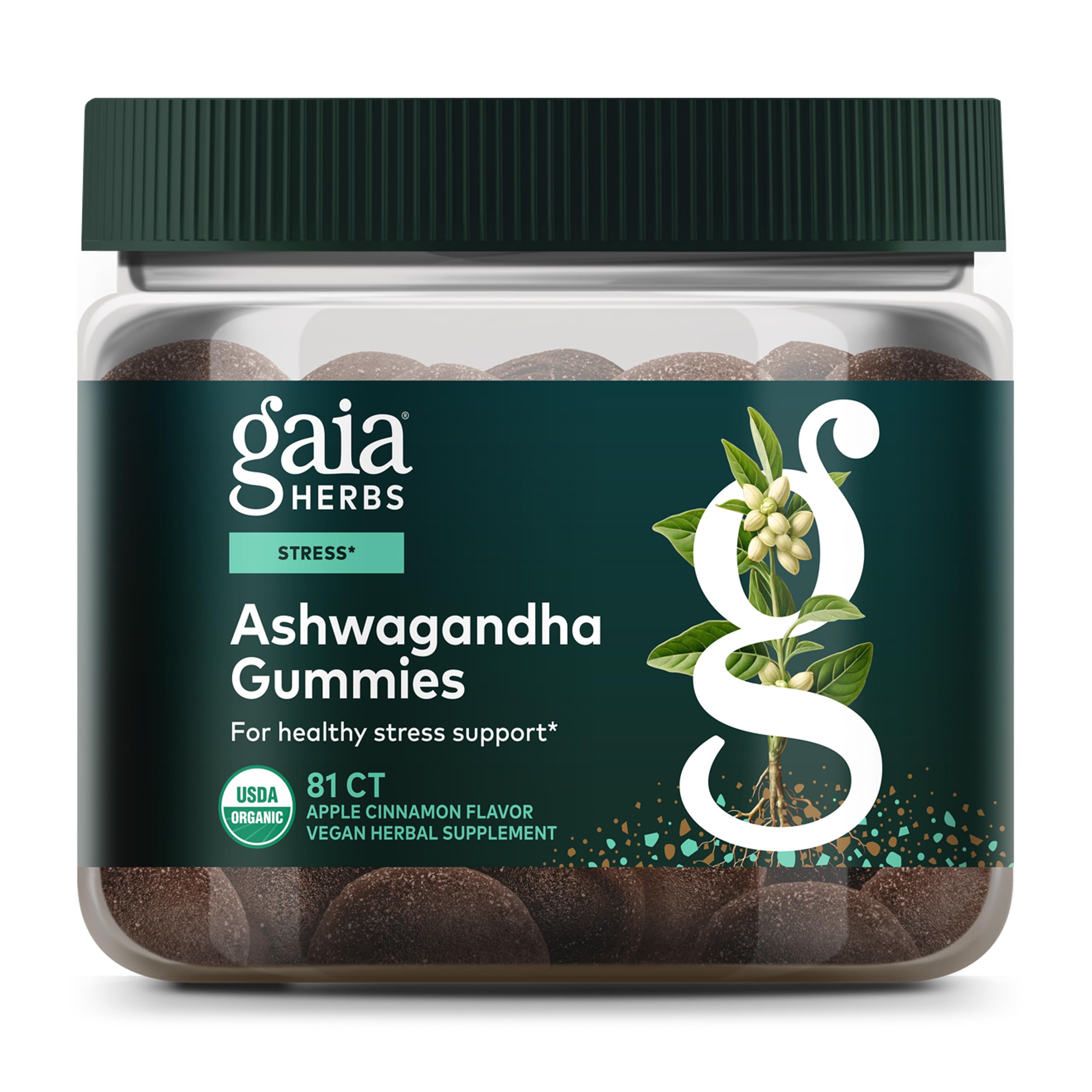 Gaia Herbs envase frontal mostrando gomitas y beneficio para el equilibrio del estrés