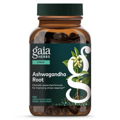 Gaia Herbs envase frontal de Ashwagandha mostrando diseño y beneficio de energía equilibrada