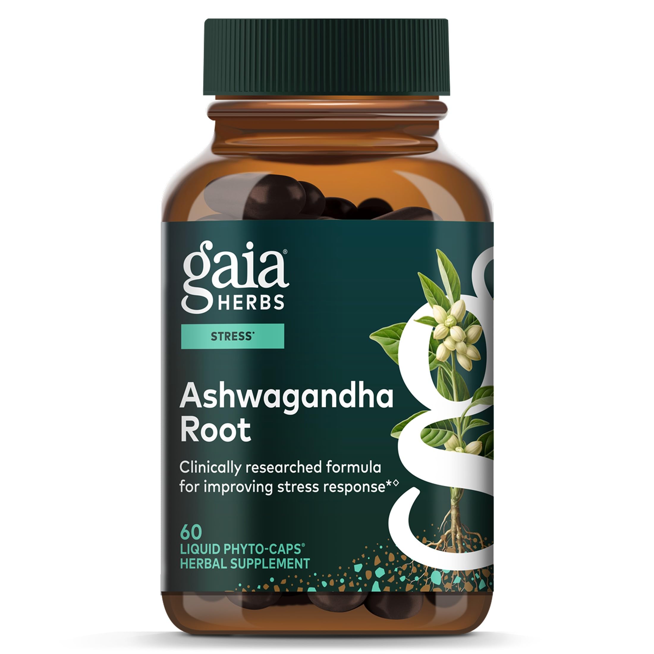 Gaia Herbs frasco frente mostrando marca y dosificación, transmite confianza