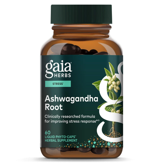 Gaia Herbs frasco frente mostrando marca y dosificación, transmite confianza