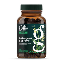 Gaia Herbs frasco Astragalus Supreme mostrando diseño y tamaño del envase