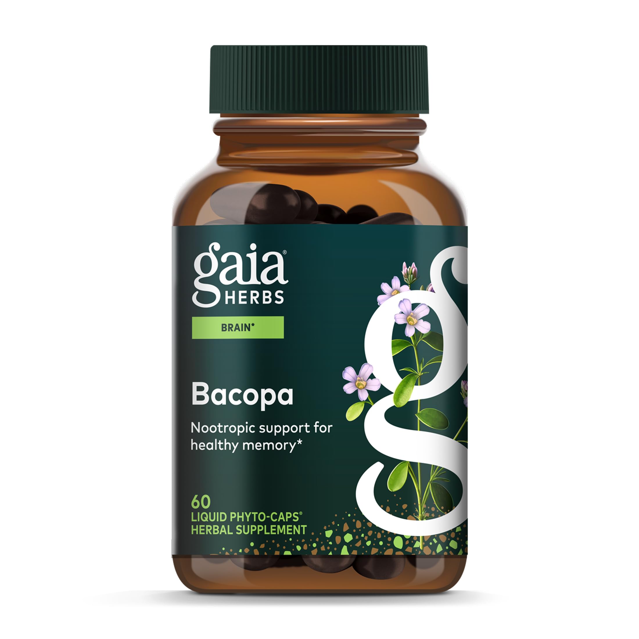 Gaia Herbs Bacopa vista frontal del envase mostrando 60 cápsulas, confianza en calidad