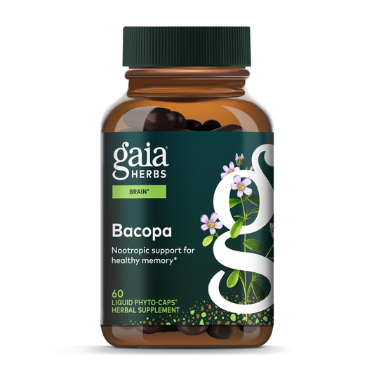 Gaia Herbs Bacopa vista frontal del envase mostrando 60 cápsulas, confianza en calidad