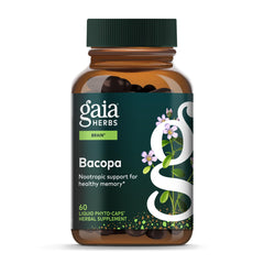Gaia Herbs Bacopa vista frontal del envase mostrando 60 cápsulas, confianza en calidad
