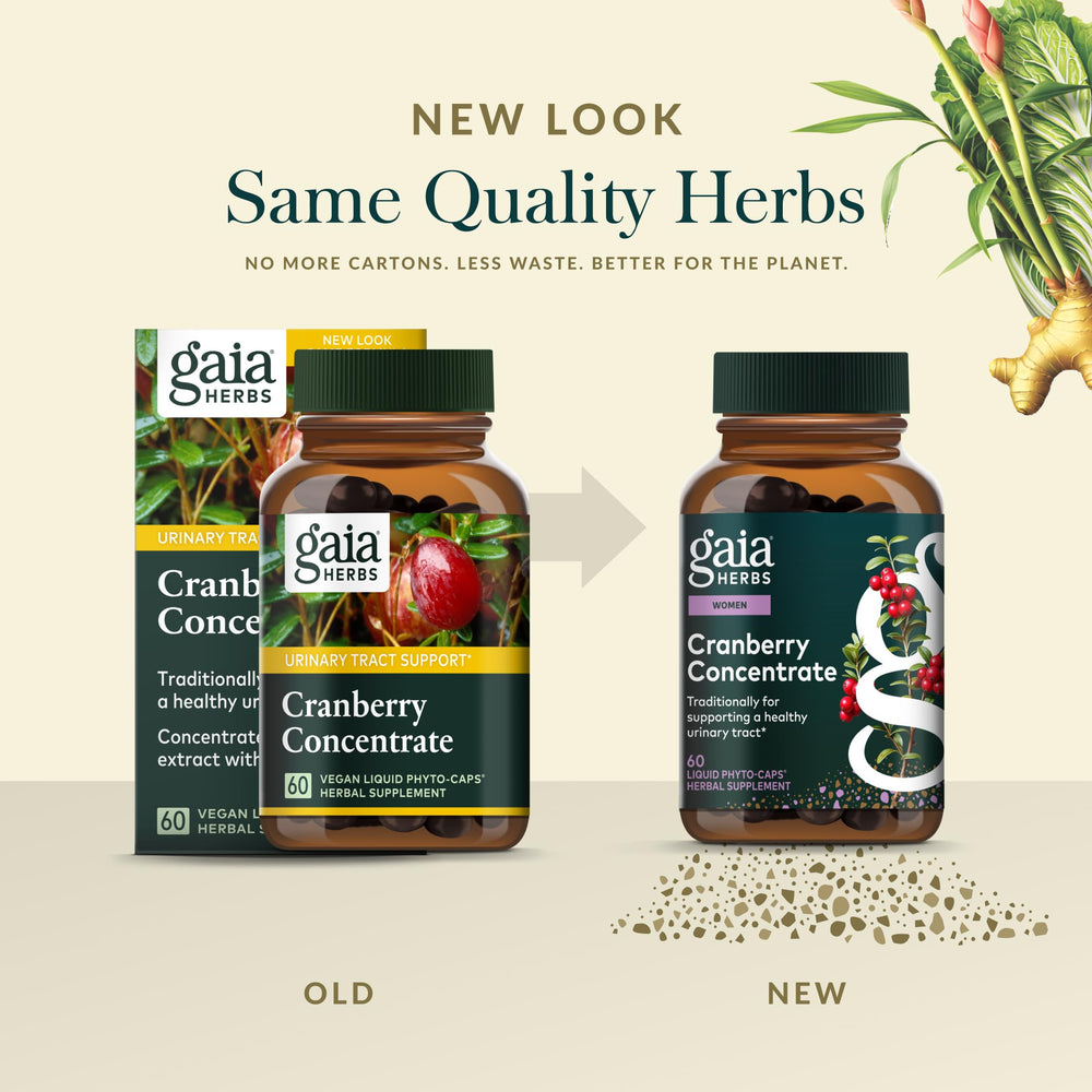 Gaia Herbs botella abierta con cápsulas lista para consumo diario