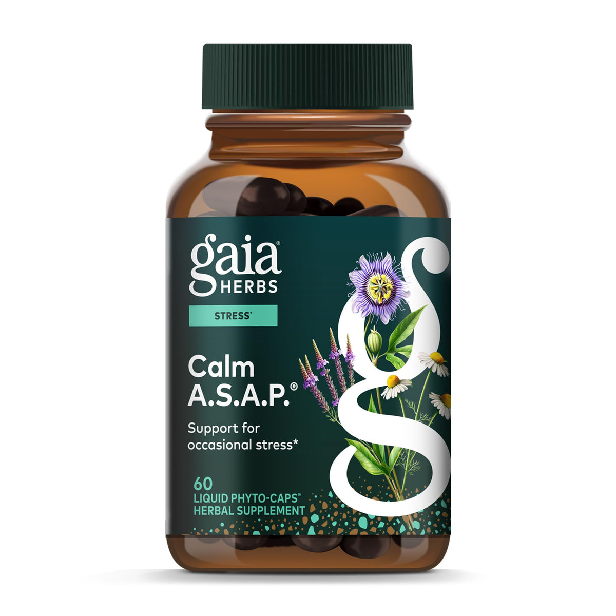 Gaia Herbs frasco delantero mostrando etiqueta y beneficios visuales