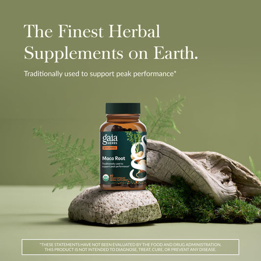 Gaia Herbs cápsulas sobre fondo claro para visualizar forma y facilidad de toma
