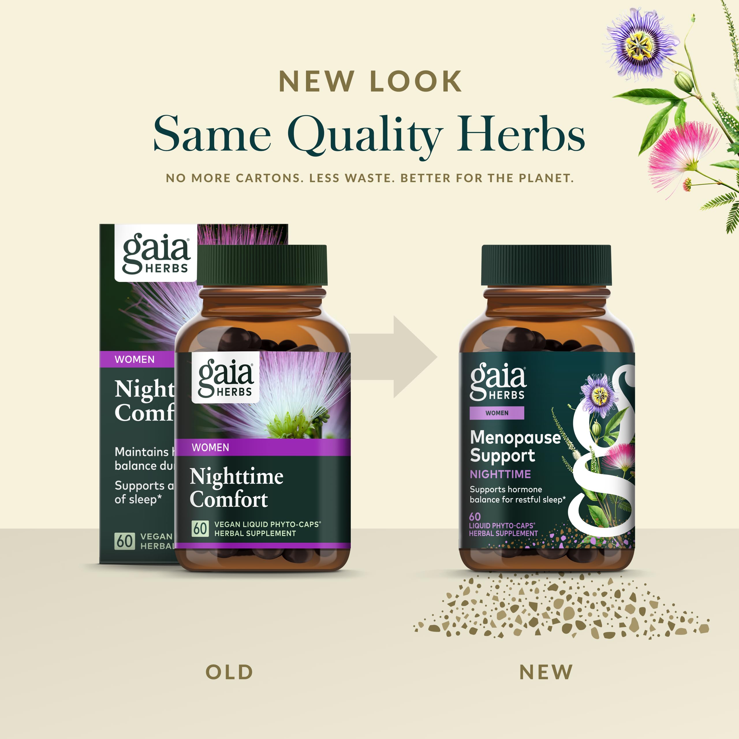 Gaia Herbs cápsulas desplegadas para ver aspecto y cantidad por toma