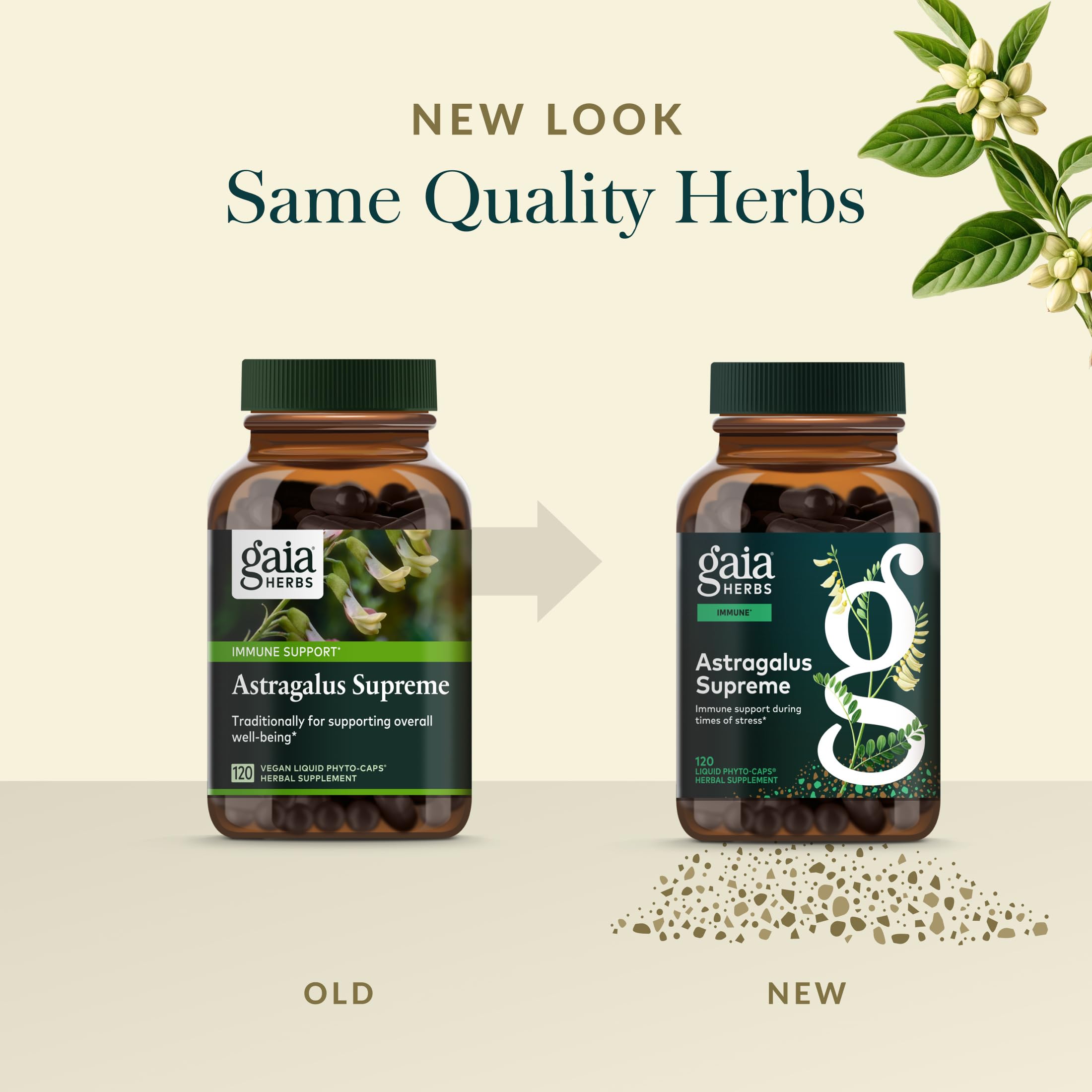 Gaia Herbs cápsulas sobre mesa listadas para consumo diario práctico