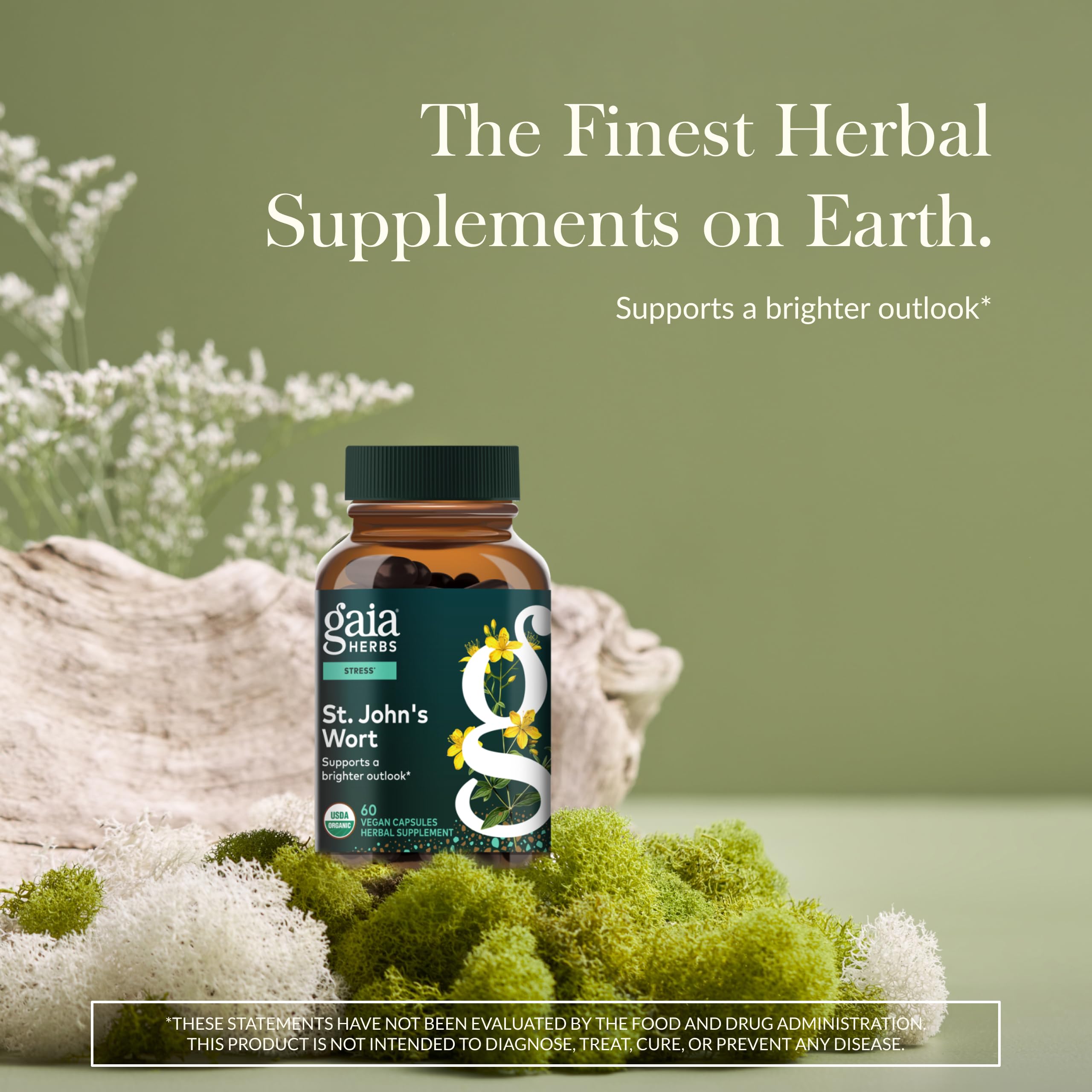 Gaia Herbs cápsulas extendidas sobre mesa que facilitan su consumo