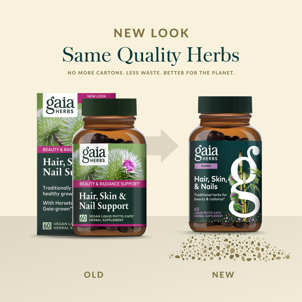Cápsulas Gaia Herbs sobre fondo natural para enfatizar origen botánico