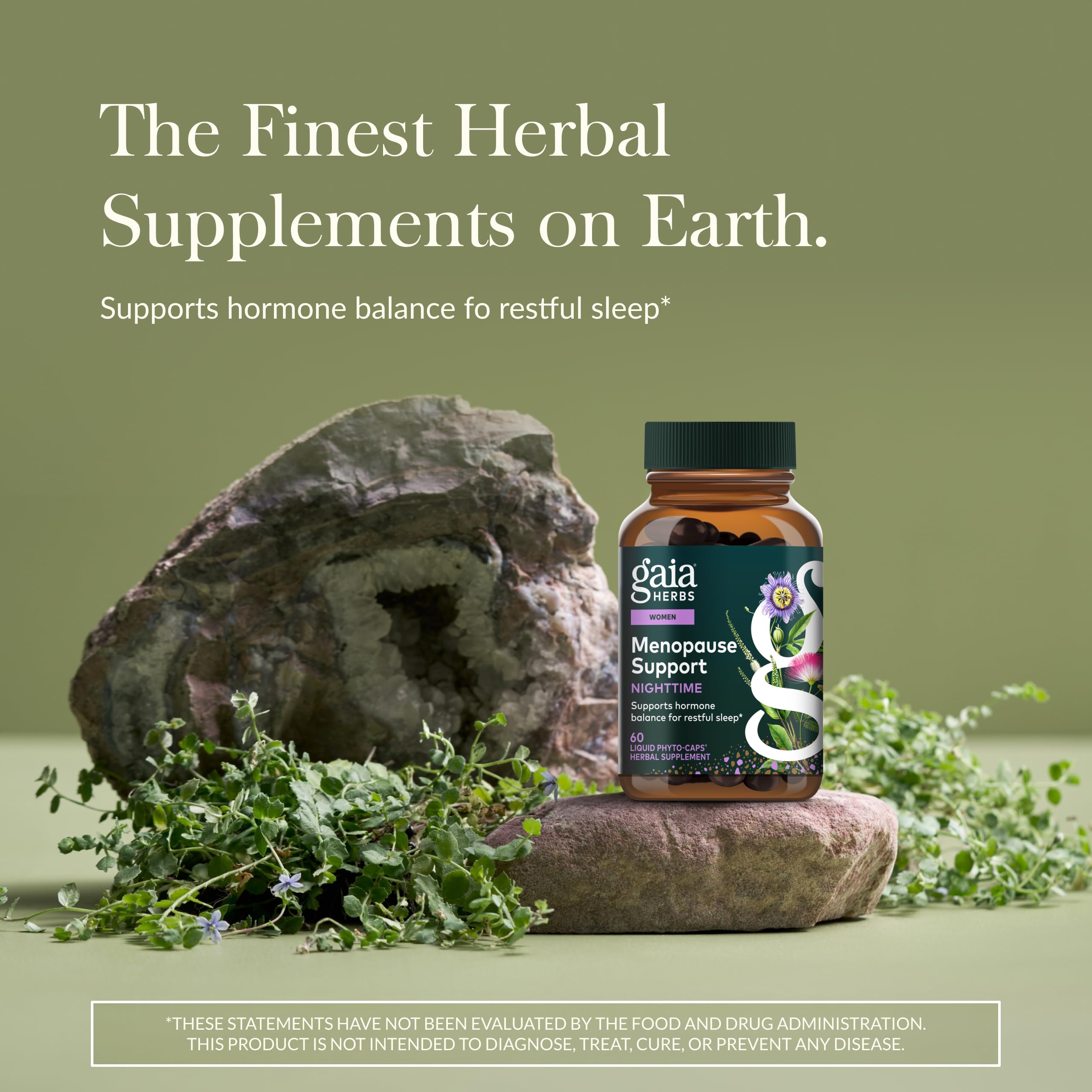 Gaia Herbs cápsula detalle de textura que sugiere pureza y absorción nocturna