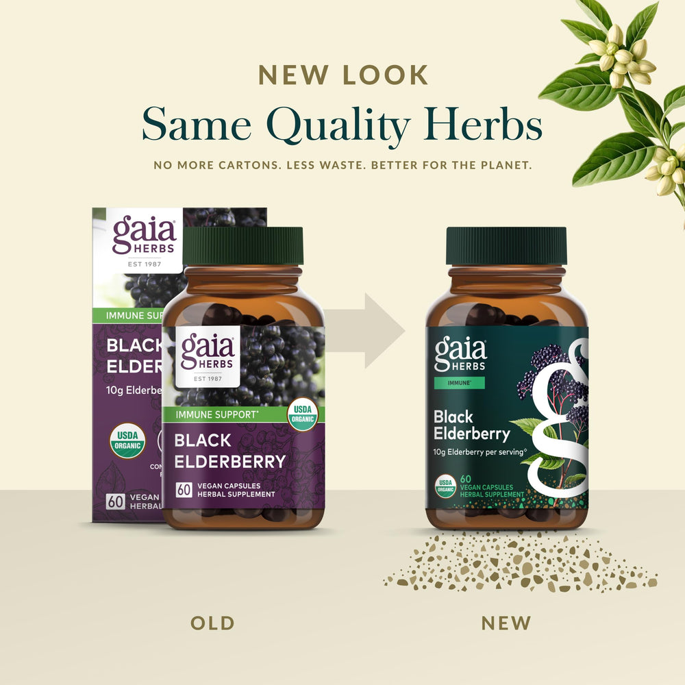 Gaia Herbs frasco junto a una regla para mostrar tamaño y porciones