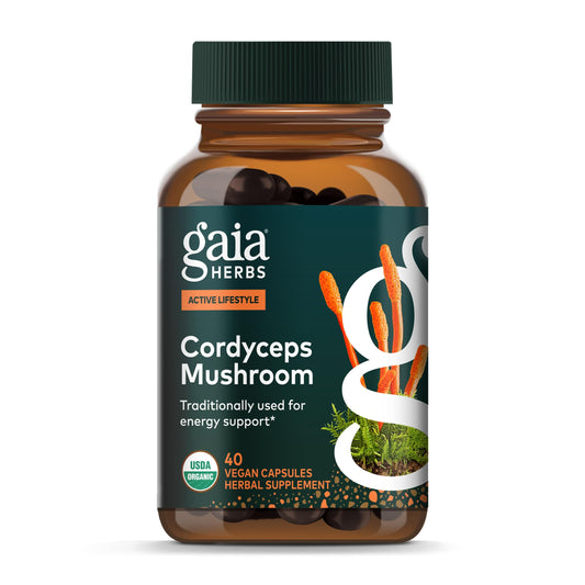 Gaia Herbs frasco frontal con Cordyceps mostrando presentación y confianza