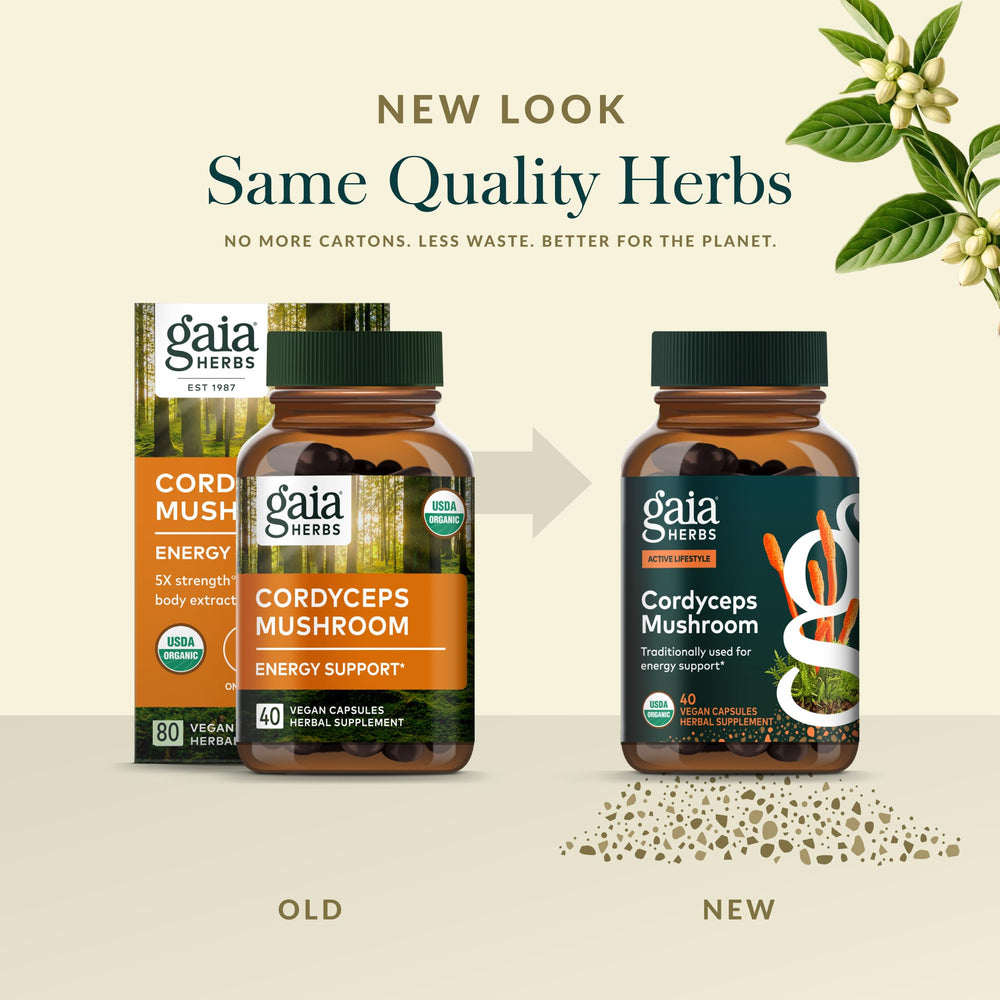 Gaia Herbs frasco junto a moneda para comparar tamaño y cantidad de cápsulas