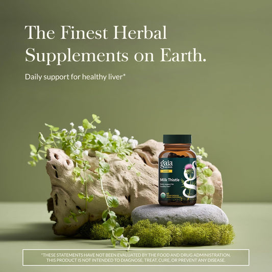 Gaia Herbs etiqueta en primer plano destacando la información del producto