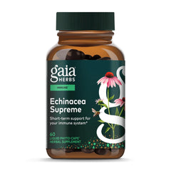 Gaia Herbs frasco frontal mostrando etiqueta clara y beneficios
